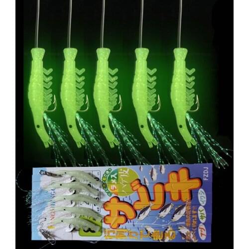 Shrimp string hook with 5 Hooks Soft Luminous simulation Worm Fake Lure Baits Fluorescent Shrimp Bait Fishing Sabiki Rigs
