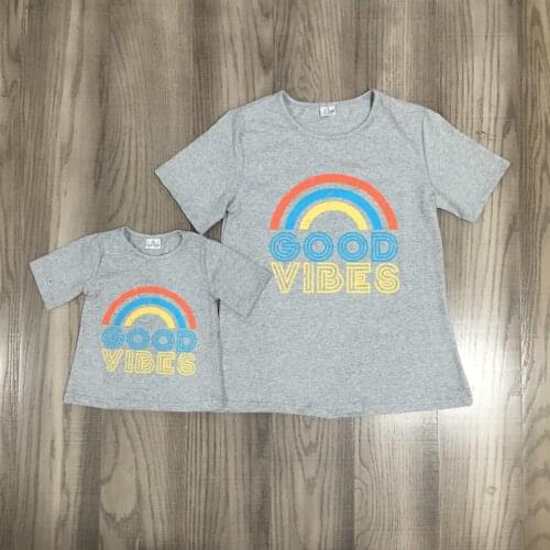 Girlymax Summer Baby Girls Mommy &me Raglans Boutique Grey Rainbow Cotton Top Shirts Children Clothes Short Sleeve Good Vibes