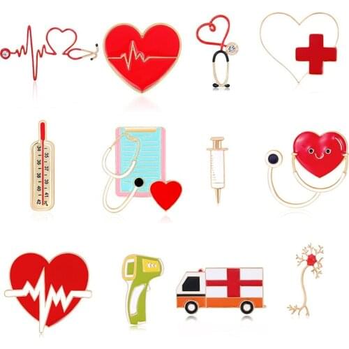 Medical Brooches Nurse Pins Enamel Stethoscope Nurse Heartbeat Shape Brooch Jewelry Cute Metal Gift for Doctor Nurse
