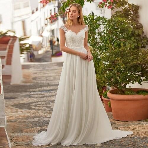 Sweetheart Lace Appliques A Line Wedding Dress Illusion Buttons Back Cap Sleeves Chiffon Bridal Gowns Robe de Mariee Long