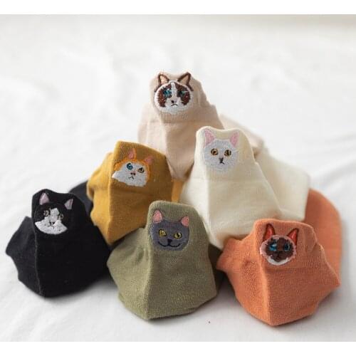 Kawaii Embroidered Cat fox Women Socks Happy Fashion Ankle Funny Socks Women Cotton Summer 1 Pair Candy Color Cute Sock Mujer