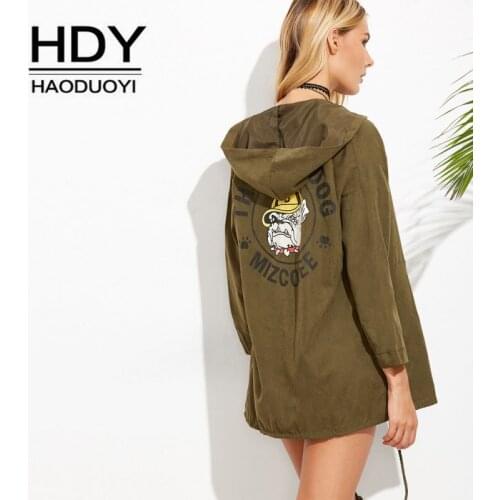 HaoDuoYi 2020 Fashion Simple Jacket Women Army Green Dog Print Drawstring Hem Hooded Coat New Autumn Windbreaker Outerwear