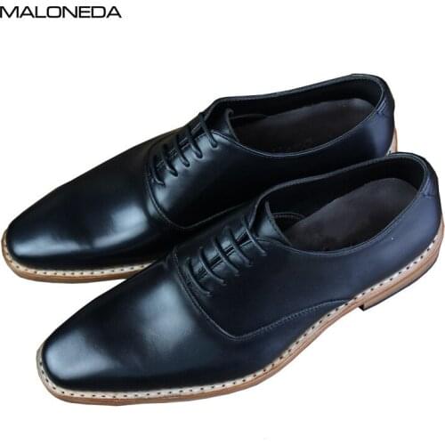 MALONEDA Handmade Goodyear Black Genuine Leather Mens Shoes Comfortable Lace up Oxfords Shoes for Male