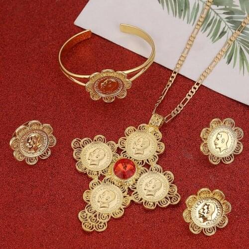 Ethiopian Red Blue Green Stone Cross Jewelry Set For Women Men Africa Coin Cross Eritrea Habesha Set