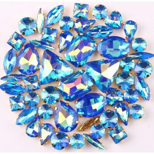 Gold claw setting 50pcs/bag shapes mix jelly candy sapphire AB glass crystal sew on rhinestone wedding dress shoes bags diy
