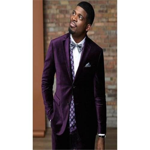 Latest Coat Pant Designs Purple Velvet Men Suit Slim Fit 2 Piece Smoking Jacket Tuxedo Custom Groom Blazer Prom Suits Terno