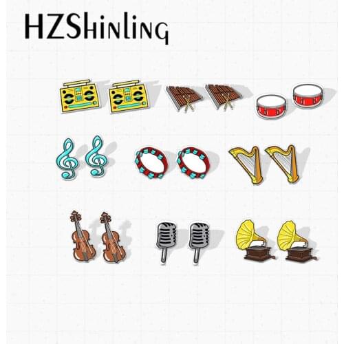New Arrival Musical Instruments Doodle Guitar Violin Phonograph CD Record Epoxy Acrylic Resin Stud Earrings