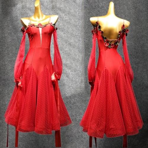 New Ballroom Dress For Dance Competition Ladies Waltz Dress Prom Party Red Long Dress Tango Wear Ballroom Dance Dresses VDB1352