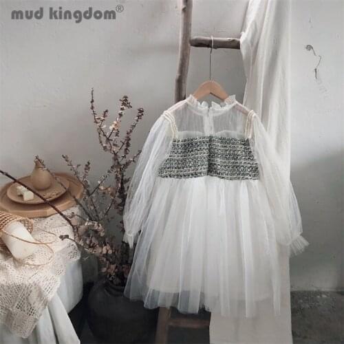 Mudkingdom Fashion Dress for Girl Puff Sleeve Plaid Patchwork Ball Gown Mesh Princess Dresses Girls Summer Long Sleeve Clothes