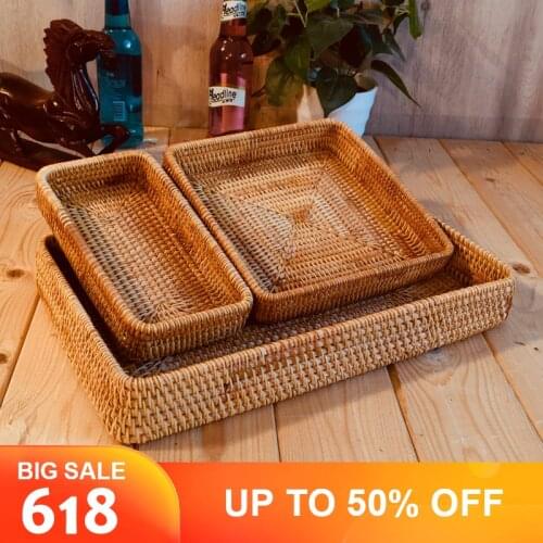 Rattan Woven Storage Fruit Basket Wicker Baskets Storage Tray Bread Fruit Food Display Box Handicrafts Organizer Home Decoration