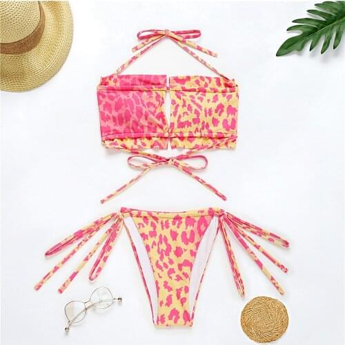 Sexy Leopard Bikini 2021 Mujer Bandeau Swimwear Women Swimsuit String Thong Two Piece Bikinis Set Bathing Suit Brazilian Biquini