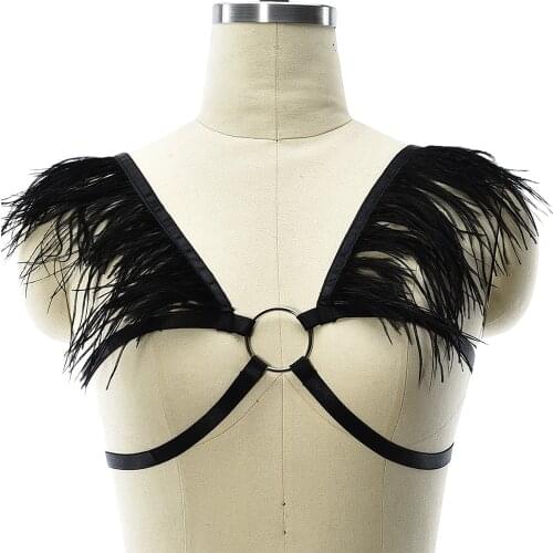 Feather Sexy Crop Top Cage Black Open Chest Bondage Body Harness Bra Women Goth Rave Wear Hollow Adjustable Harness Cage Bra