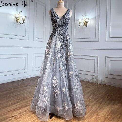 Serene Hill Grey A-Line Luxury Evening Dresses 2021 Beaded Sleeveless Sexy For Women Wedding Party LA71250