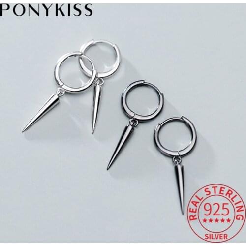 PONYKISS Punk 100% 925 Sterling Silver Chic Cone Geometric Hoop Earrings Unisex Fashion Earrings Party Delicate Accessory Gift