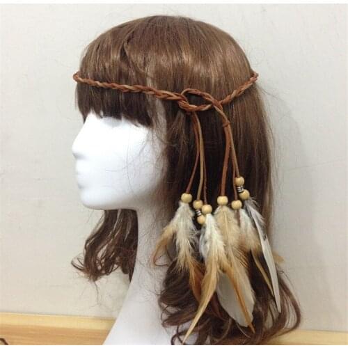 Bohemian Style Indian Feather Headband Headdress Hair Rope Headwear Tribal Hippie Handmade Hair Accessories for Women 36