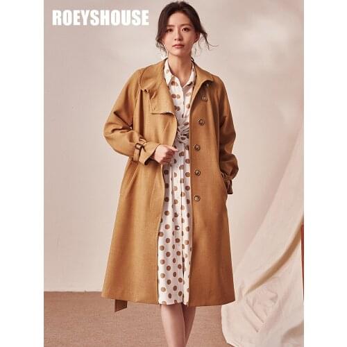 Temperament lace up professional windbreaker new intellectual British slim fit ol yellow medium length coat