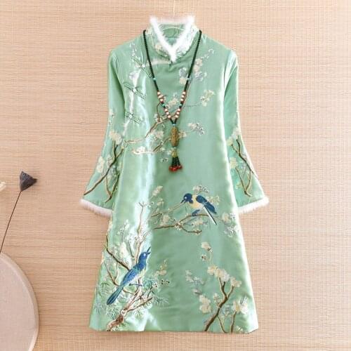 High-end Autumn Women Trench Coat Top Mink fur Chinese Style Retro Embroidery Magpie Elegant Lady Warm Qipao Outerwear S-XXL