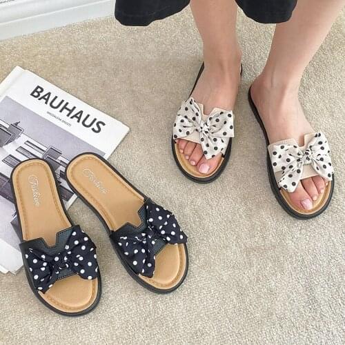 2021 Summer Sweet Slippers Flat Heels Women Polka Dot Bow Sandals Casual Outdoor Non-slip Wave Point Ladies Slippers