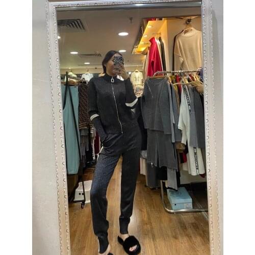 2020 O-neck Wool Real Fashion Sale Tracksuit Women Winter Sportswear Knitting Cardigan Zipper Bright Line Pedicure 2 Piece Set