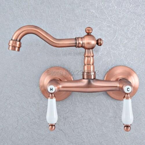 Antique Red Copper Kitchen Bathroom Faucet Wall Mounted Basin Faucet 360 Degree Double Handle Cold Hot Water Mixer Tap Lsf899