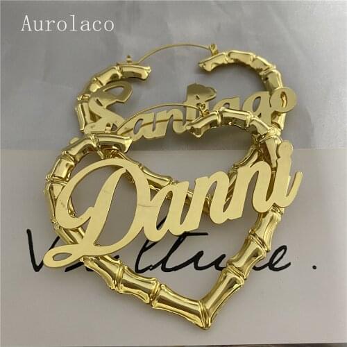 AurolaCo 80MM Custom New Style Bamboo Earrings Stainless Steel Custom Name Earring Custom Hip hop Bamboo Earring for Women Gift