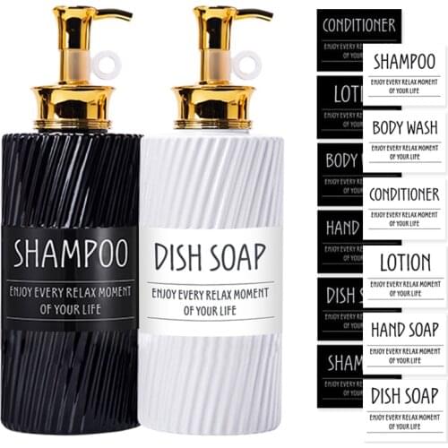 Bathroom Shampoo Bottle 500ml Black Refillable Bottles Pressing Shower Conditioner Lotion Container with Stickers