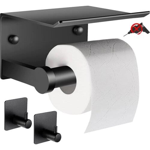 Toilet Paper Holder with Shelf + Towel Robe Hooks, Adhesive or Screw Wall Mounted Toilet Paper Roll Holder, Bathroom