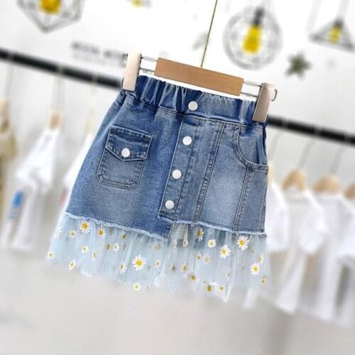Kids Denim Skirts 2021 Summer Big Girls Fashion Net Yarn Splicing Skirts Elastic Waist Daisy Denim Skirt for Girl Child Skirts