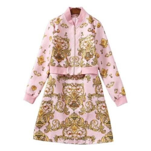 And American womens European wear 2021 winter new style Long sleeve coat Sleeveless dress Fashion palace print two-piece set