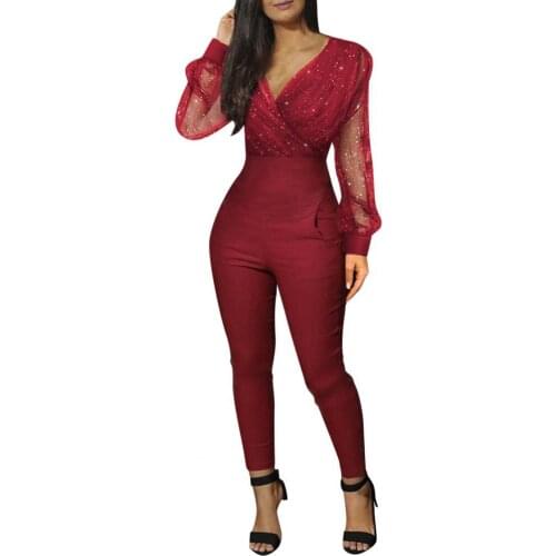 Women Deep V Neck Mesh Long Sleeve Sequins Glitter Jumpsuit One Piece Overall For Women Bodysuit Female Jumpsuit