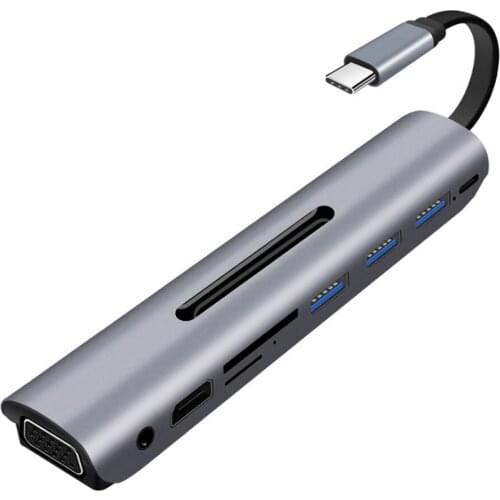 9 in 1 USB C Type C Hub to 3 USB 3.0 VGA HDMI 4K 3.5mm Audio DF TF Card Reader Hub with Type C PD Charging Adapter for Macbook