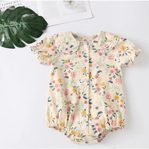 Korean Style Summer Baby Romper Tops Sweet Floral Print Single Breasted Peter Pan Collar Short Sleeve Baby Girl Bodysuit 0-24M