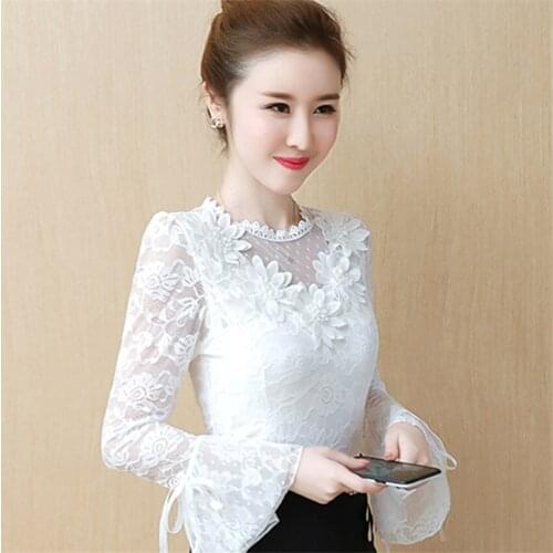 New Autumn Women White Lace Blouse Sweety Girl Mesh Shirt Lady Flare Sleeve Blousas Basic Tops Pullovers Winter Bottomings WZ845