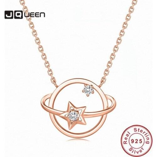JQUEEN Fashion Sterling Silver S925 Fantasy Planet Necklace Women 18k Gold Clavicle Zircon Universe Stars Chain Pendant Necklace