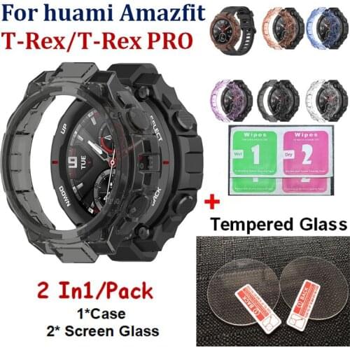 For xiaomi huami Amazfit T-Rex Watch Accessories Tempered Glass Screen Protectors Film Frame TPU Case For Amazfit T-Rex Cover