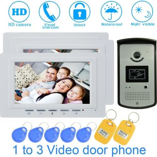 RFID Inductive Card Door Unlock Wall Mounted 3 PCS 7 inch Color Monitor Doorbell For House Smart Control Building Talk-back