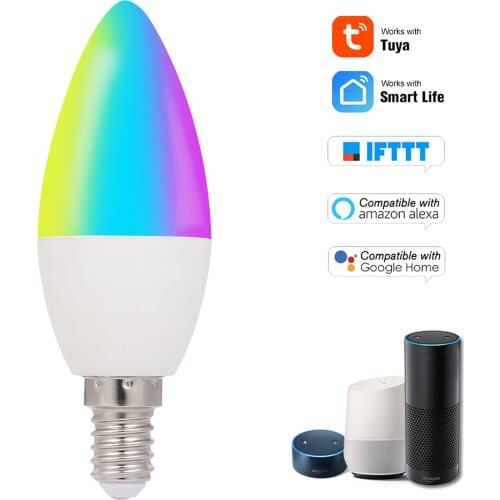 WiFi Smart Bulb RGB+W+C LED Candle Bulb 5W E14 Dimmable Light Compatible with Alexa Google Home Tmall Elf for Voice Control