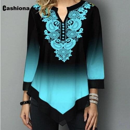 Plus size Women Elegant Leisure Casual T-shirt Model Single-breasted Boho Print Womens Top 2021 Summer Irregular Tees shirt