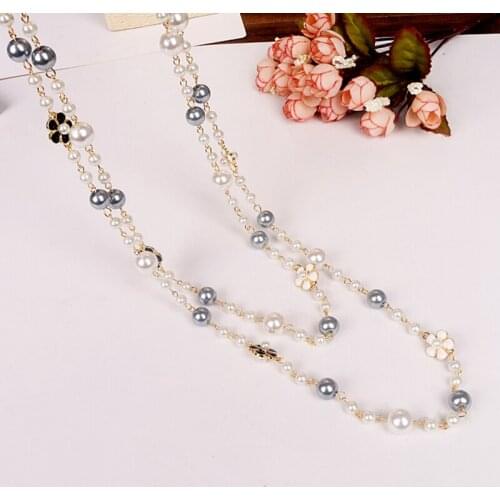 Korean autumn winter camellia sweater chain for woman female multi-layer pearl rose flower long necklace