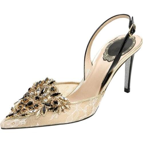 Carpaton Sexy Mesh Grid Crystal Embellished High Heel Shoes Woman Pointed Toe Slingback Pumps Bride Stiletto Wedding Shoes