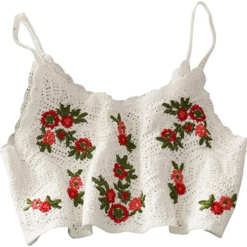 Women Crochet Knit Camisole Floral Embroidery Beach Sleeveless Crop Top Bralette