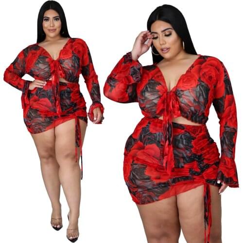 2021 Summer Women Plus Size Casual Two Piece Sets Newest O-neck Short Sleeve T-shirts + Elastic Waist A-line Mini Skirts Outfits