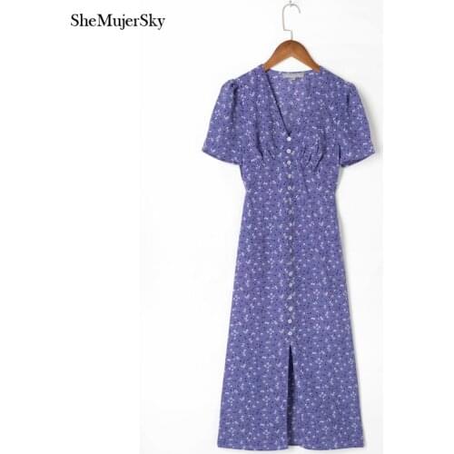 SheMujerSky Summer Short Sleeve V-neck Midi Dress Women Floral Print Purple Dresses 2021 robe longue