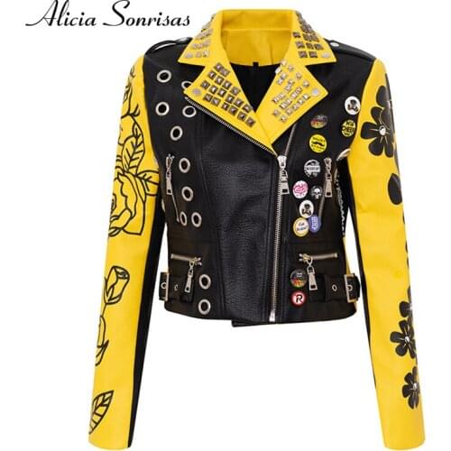 2021 Spring Lapel Short Yellow Punk Rock Coat Womens Printed Graffiti Motorcycle Rivets Circle Ring Zippers Pockets AS28701