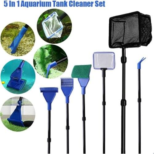 5 In 1 Aquarium Fish Tank Cleaner Set Fish Net Gravel Rake Algae Scraper Grass Fork Sponge Brush Glass Fish Tank Cleaning Tools