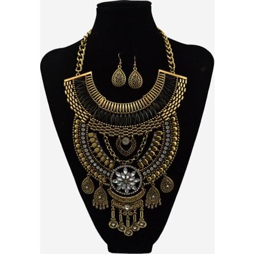 Bohemian Gypsy Vintage Jewelry Moon Collar Statement Necklace Women color Chain Hollow Water Drop Tassel Long Maxi Necklace