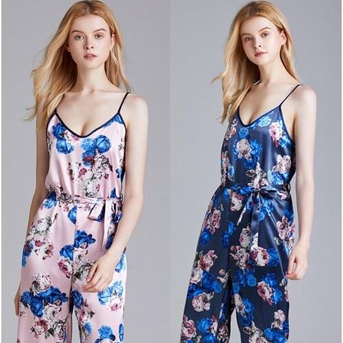 One-Piece Pajamas Ladies Summer Sleeveless Silk Sexy V-Neck Suspenders Trousers Home Service Suit Lounge Negligee Pajamas