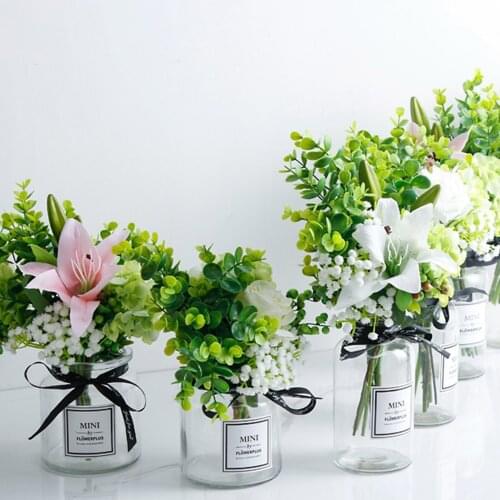 Artificial Silk lily Flowers Phalaenopsis Bouquet with vase For Wedding Christams DIY Home Decoration Fake Garden Potted Decor