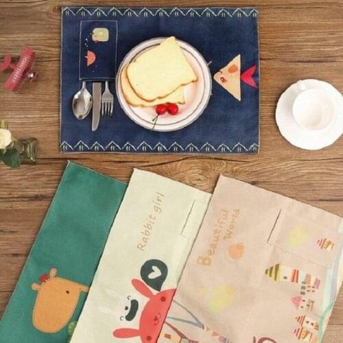 Kids Cartoon Cotton Cloth Placemats Set of 4 Washable Reusable Table Mat with Tableware Pocket Tablecloth Placemats for Table