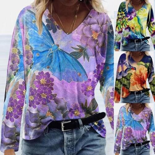 Women Long Sleeves V-Neck T-shirt Butterfly Birds With Plants Flowers Printed Shirts Tops Blouse Daily All-match Girls T-shirt
